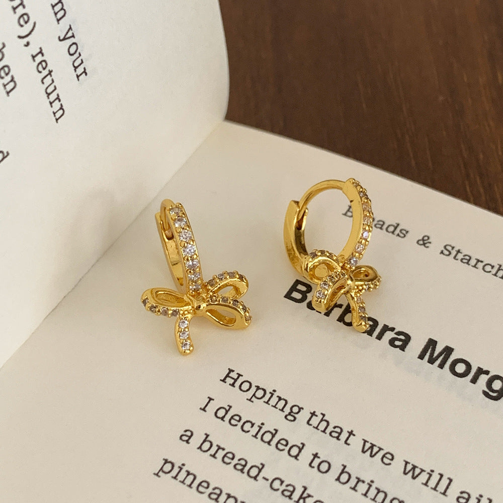 Gold Bow Tie Clip Earrings For Women With Copper Ear Pins And Zircon Inlay