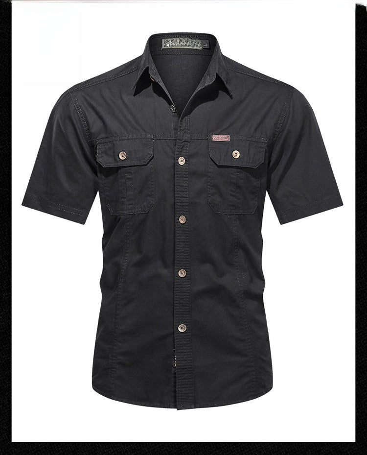 Solid Color Short Sleeve Cotton Blouse For Men In Simple Style With Placket