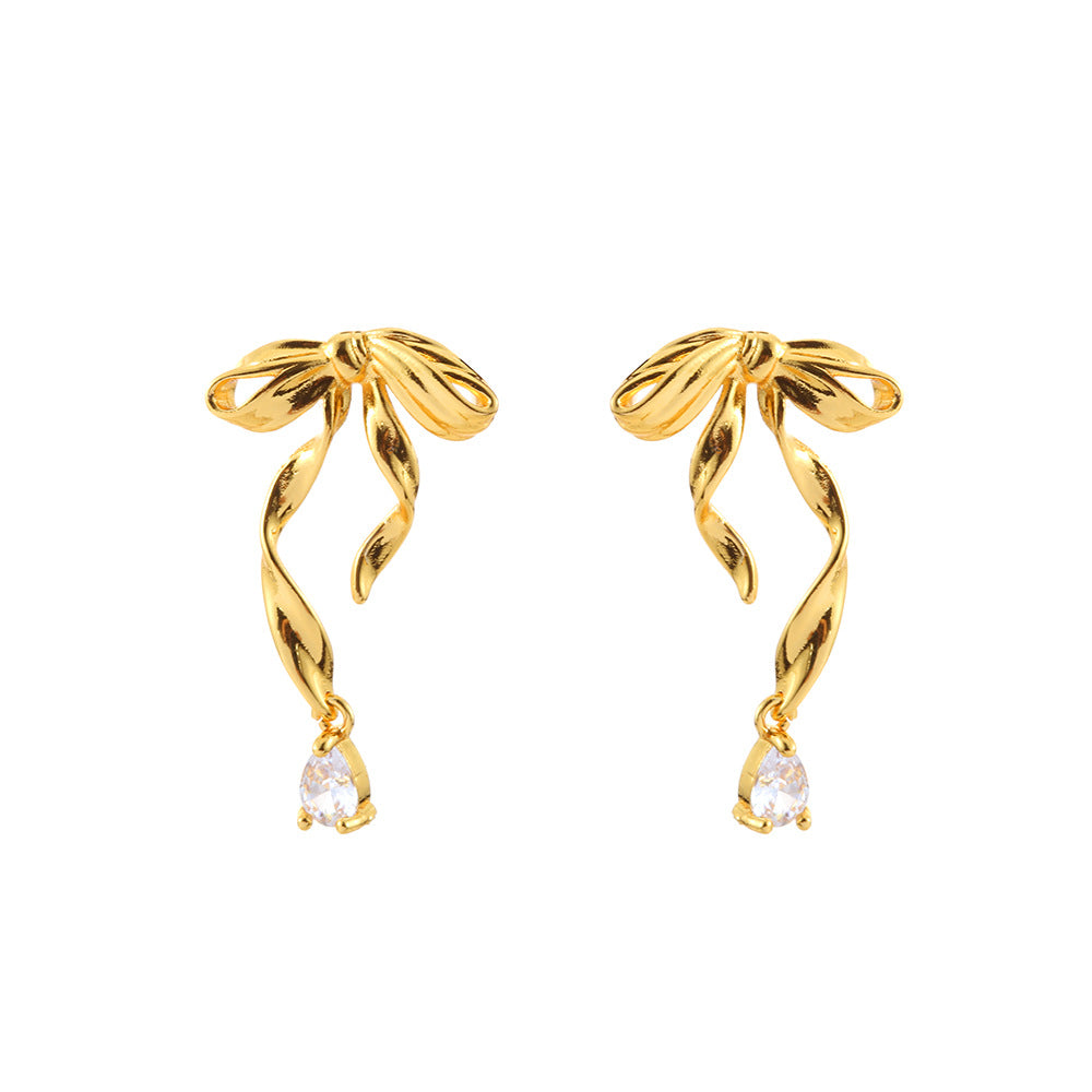 Luxurious Bow Tie Stud Earrings For Women Featuring Copper Ear Pins And Zircon Inlay