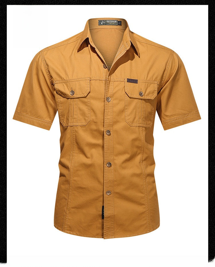 Solid Color Short Sleeve Cotton Blouse For Men In Simple Style With Placket