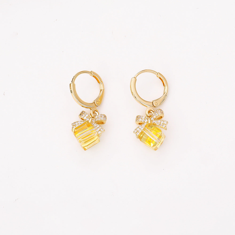 Sweet Style Gold Bow Tie Earrings For Women In Copper With Zircon Inlay