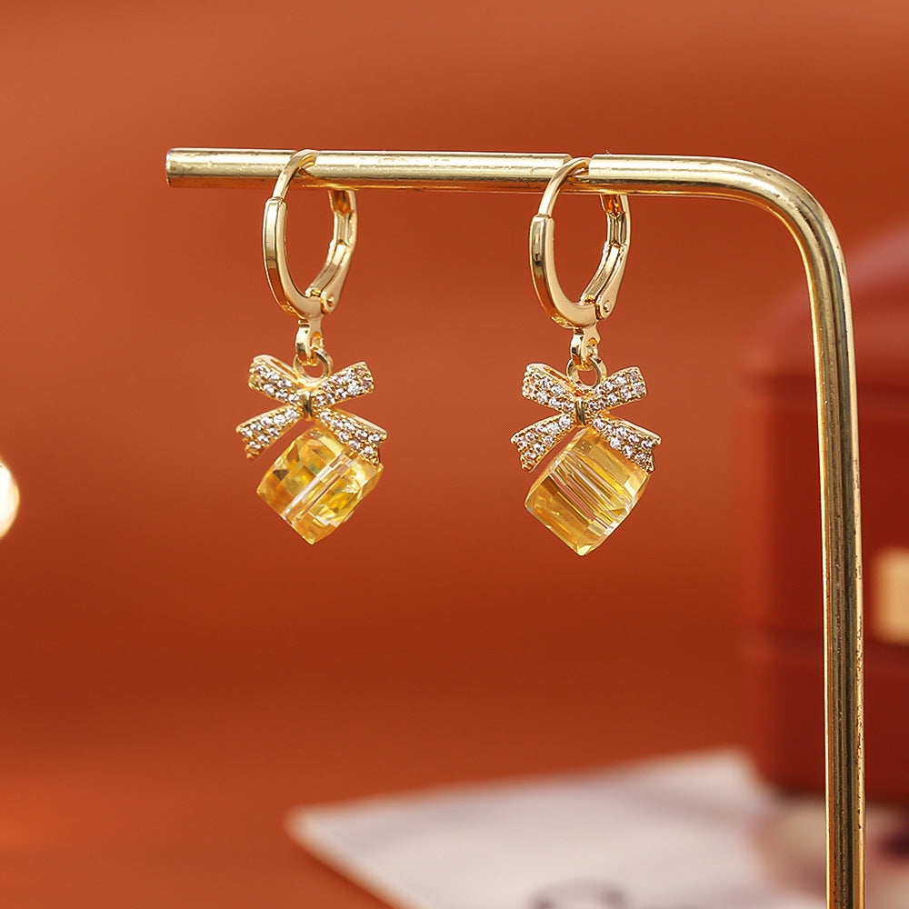 Sweet Style Gold Bow Tie Earrings For Women In Copper With Zircon Inlay