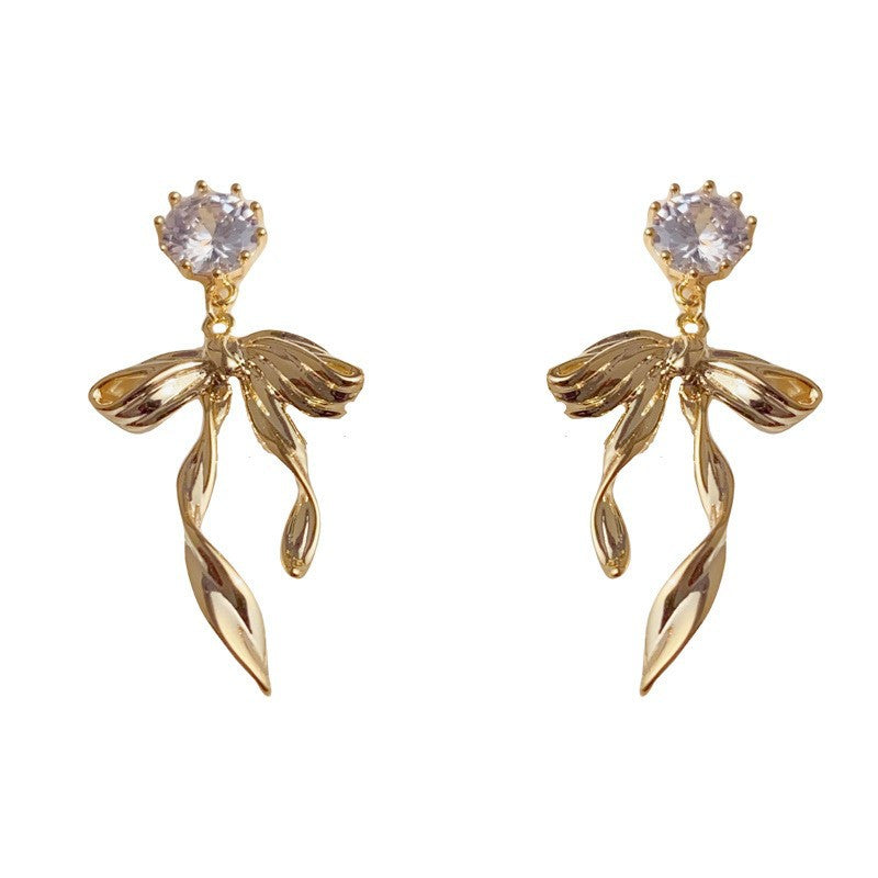 Bow Tie Earrings For Women In New Style Featuring Copper Ear Pins And Real Gold Plated With Zircon Inlay
