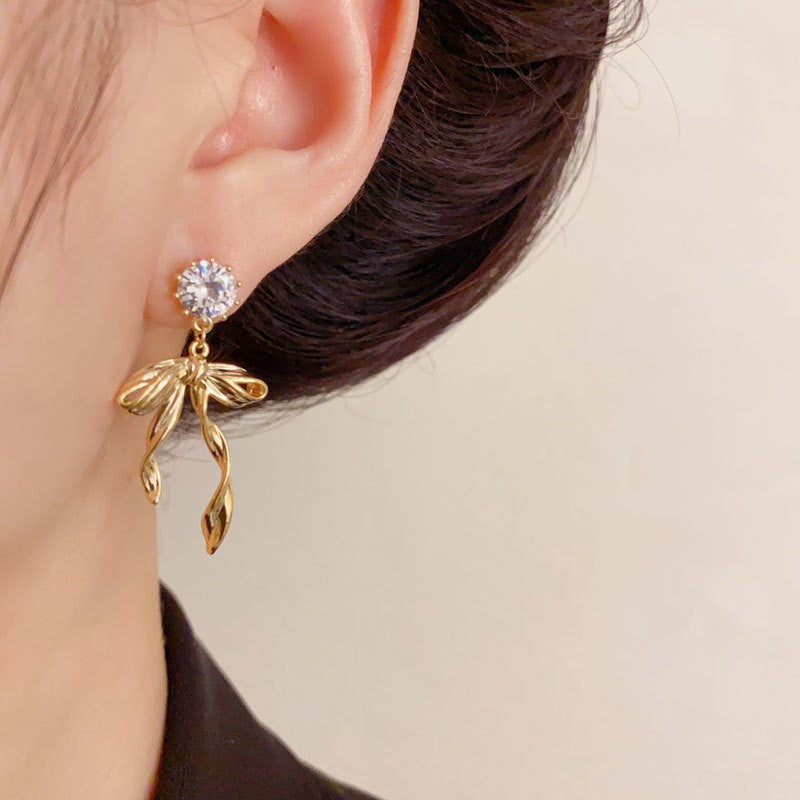 Bow Tie Earrings For Women In New Style Featuring Copper Ear Pins And Real Gold Plated With Zircon Inlay