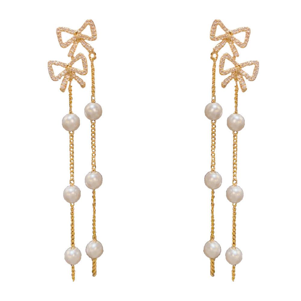 Bow Tie Tassel Earrings For Women With Copper Ear Pins, Real Gold Plated And Zircon Inlay