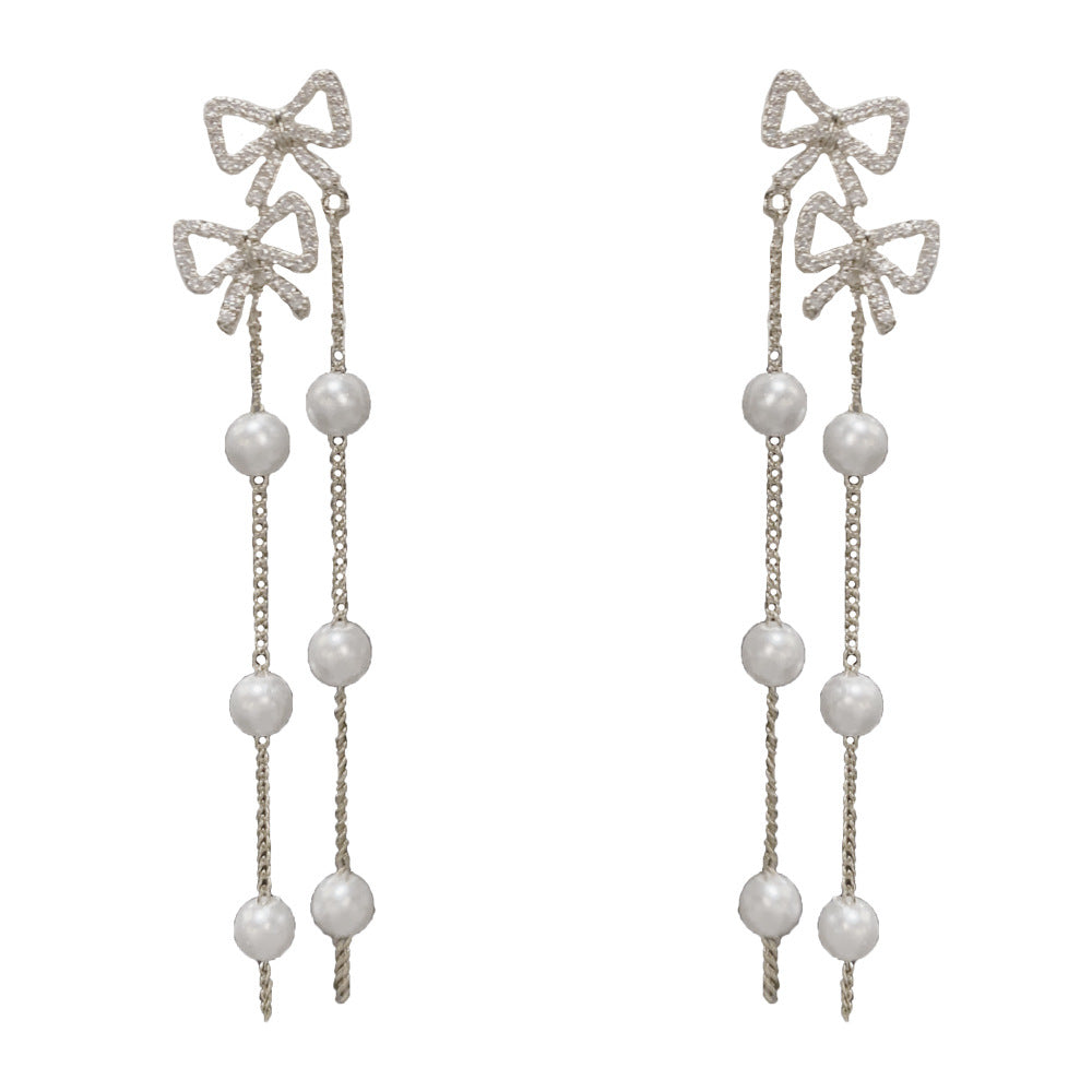 Bow Tie Tassel Earrings For Women With Copper Ear Pins, Real Gold Plated And Zircon Inlay