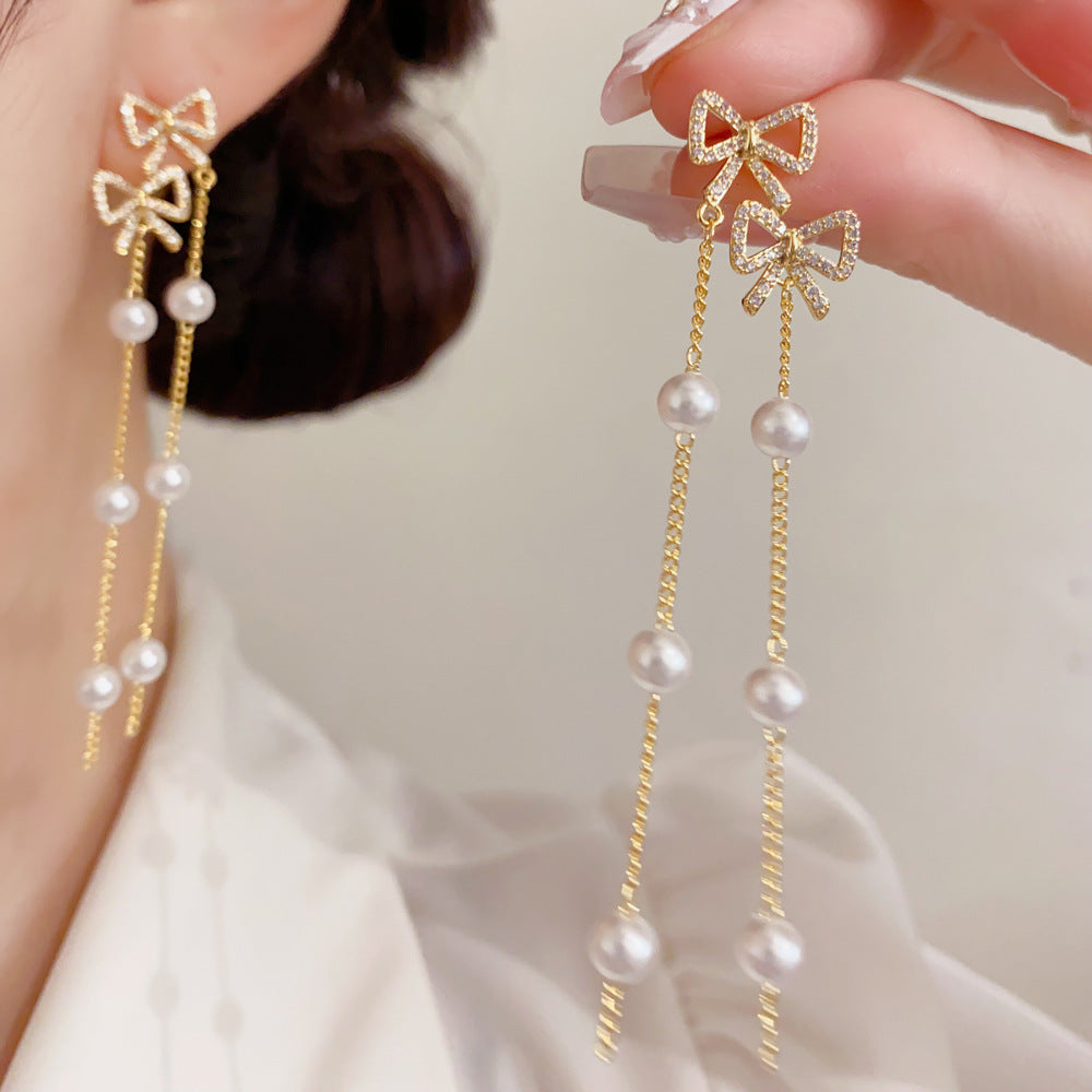 Bow Tie Tassel Earrings For Women With Copper Ear Pins, Real Gold Plated And Zircon Inlay