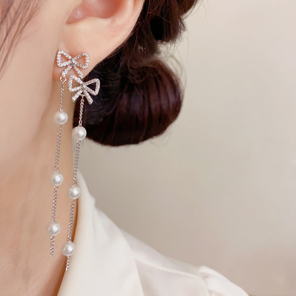 Bow Tie Tassel Earrings For Women With Copper Ear Pins, Real Gold Plated And Zircon Inlay