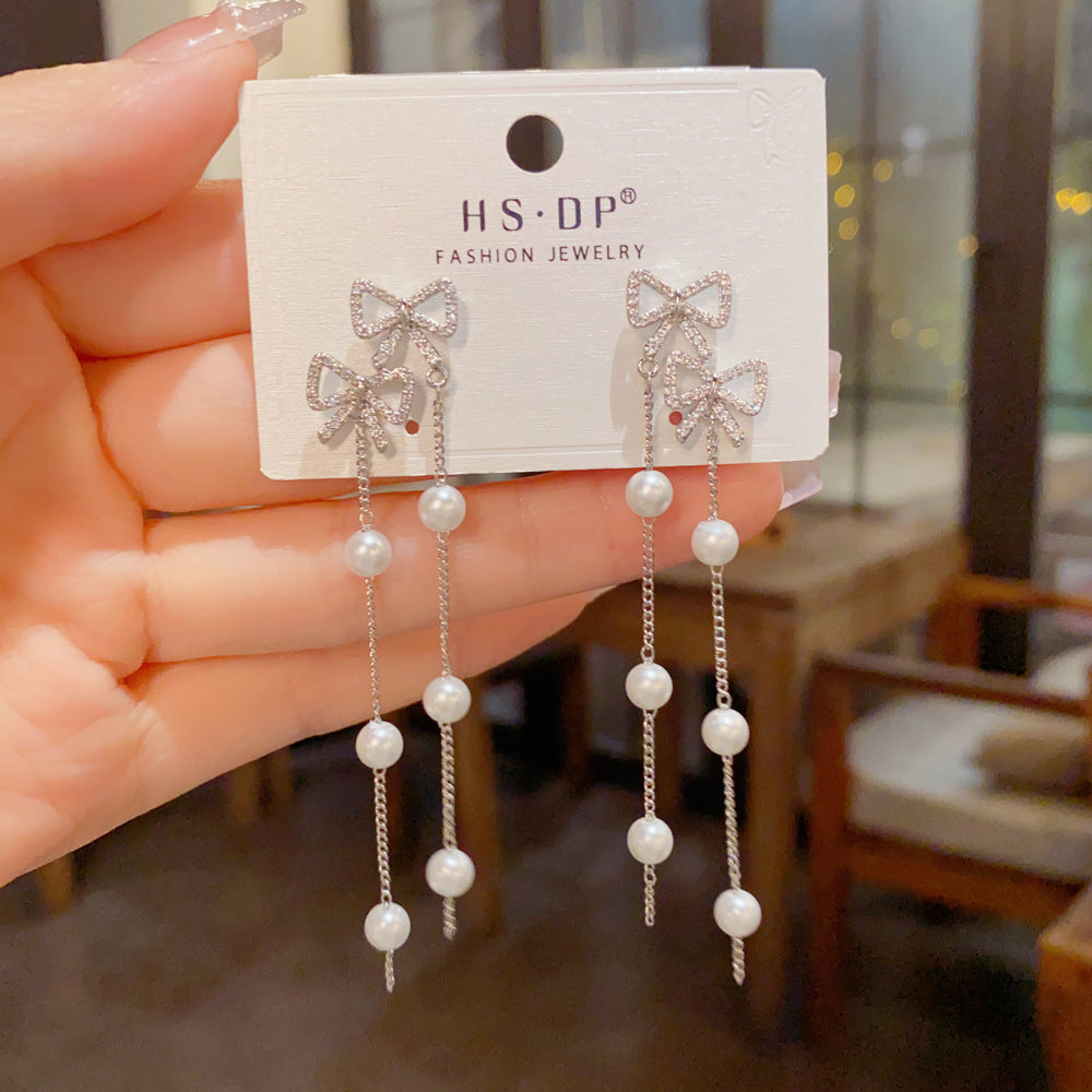Bow Tie Tassel Earrings For Women With Copper Ear Pins, Real Gold Plated And Zircon Inlay