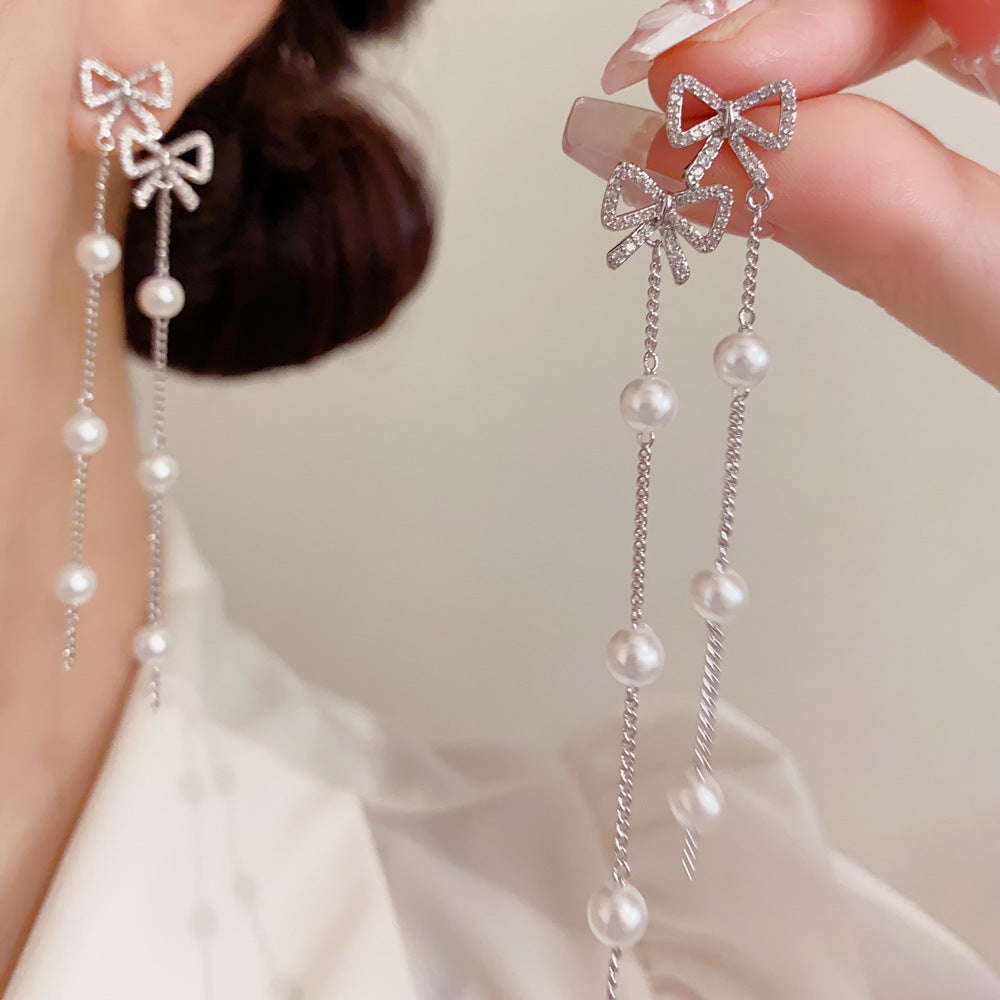 Bow Tie Tassel Earrings For Women With Copper Ear Pins, Real Gold Plated And Zircon Inlay
