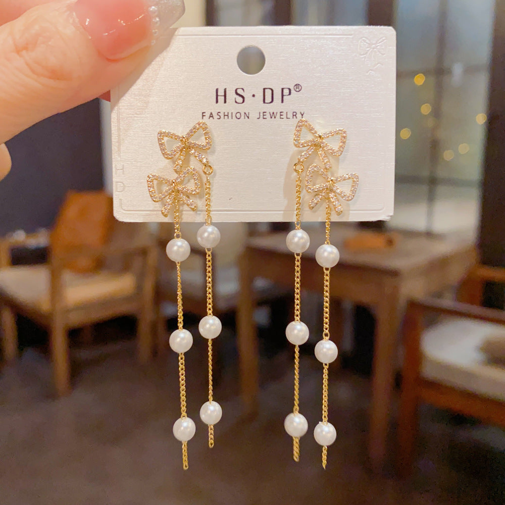 Bow Tie Tassel Earrings For Women With Copper Ear Pins, Real Gold Plated And Zircon Inlay