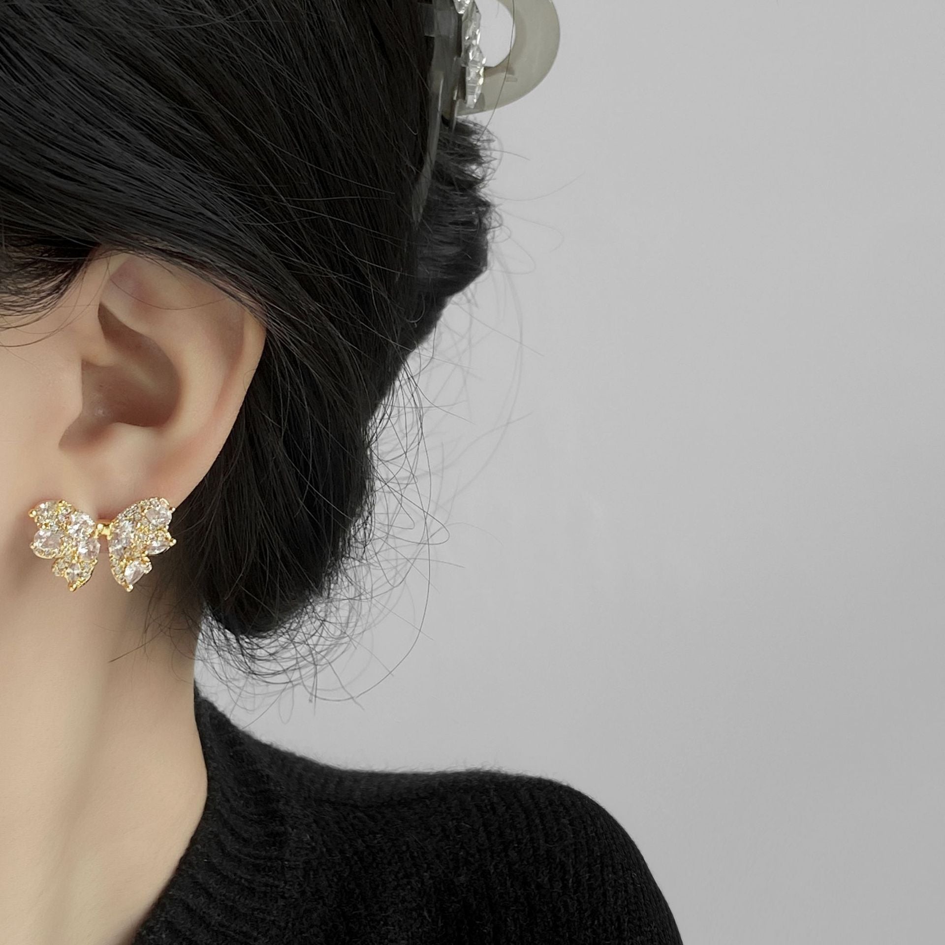 Gold Bow Tie Earrings For Women Featuring Electroplated Finish And Copper Ear Pins In Sweet Style
