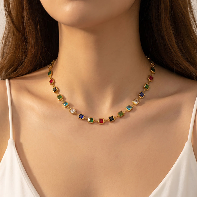 Geometric Electroplated Necklace For Women In 304 Stainless Steel With 18K Real Gold PVD Coating And Glass Inlay