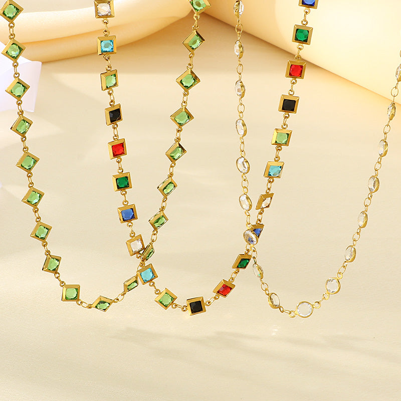 Geometric Electroplated Necklace For Women In 304 Stainless Steel With 18K Real Gold PVD Coating And Glass Inlay