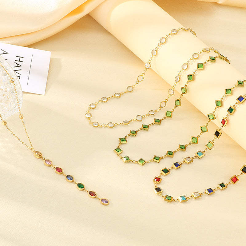 Geometric Electroplated Necklace For Women In 304 Stainless Steel With 18K Real Gold PVD Coating And Glass Inlay
