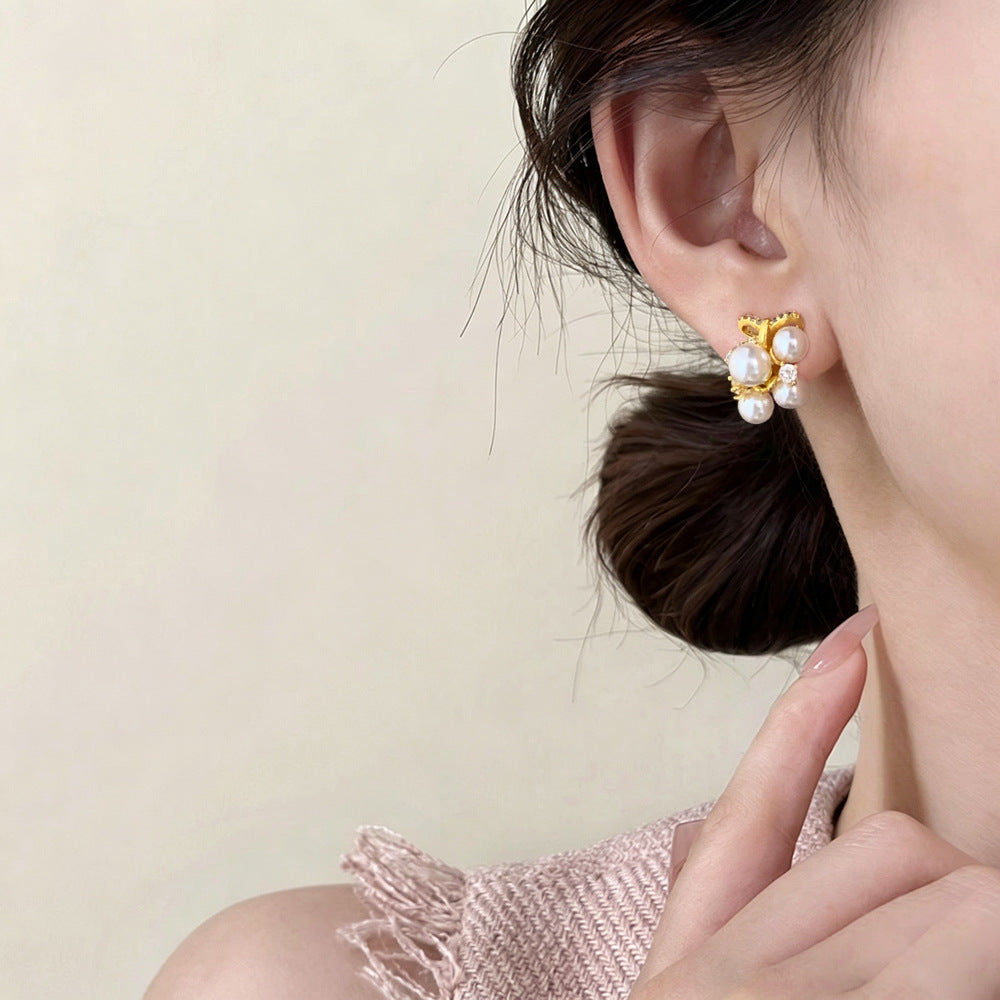 Bow Tie Beading Earrings With Copper Studs In Simple Style For Women