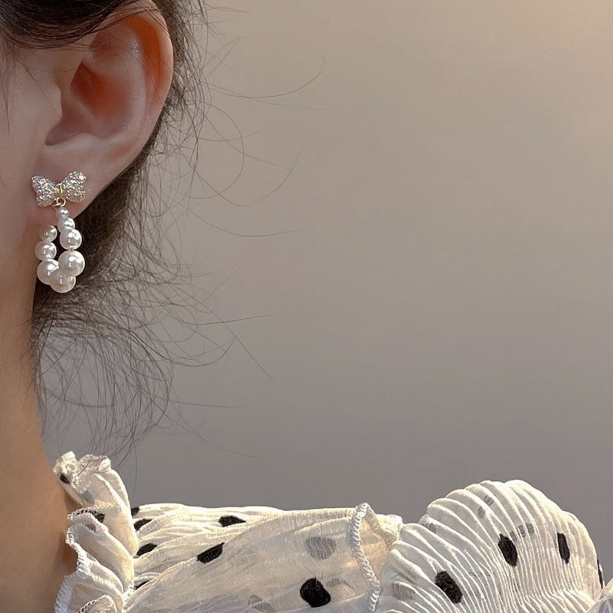 Sweet Gold Bow Tie Earrings For Women With Beading And Rhinestone Inlay In Metal Stud Design