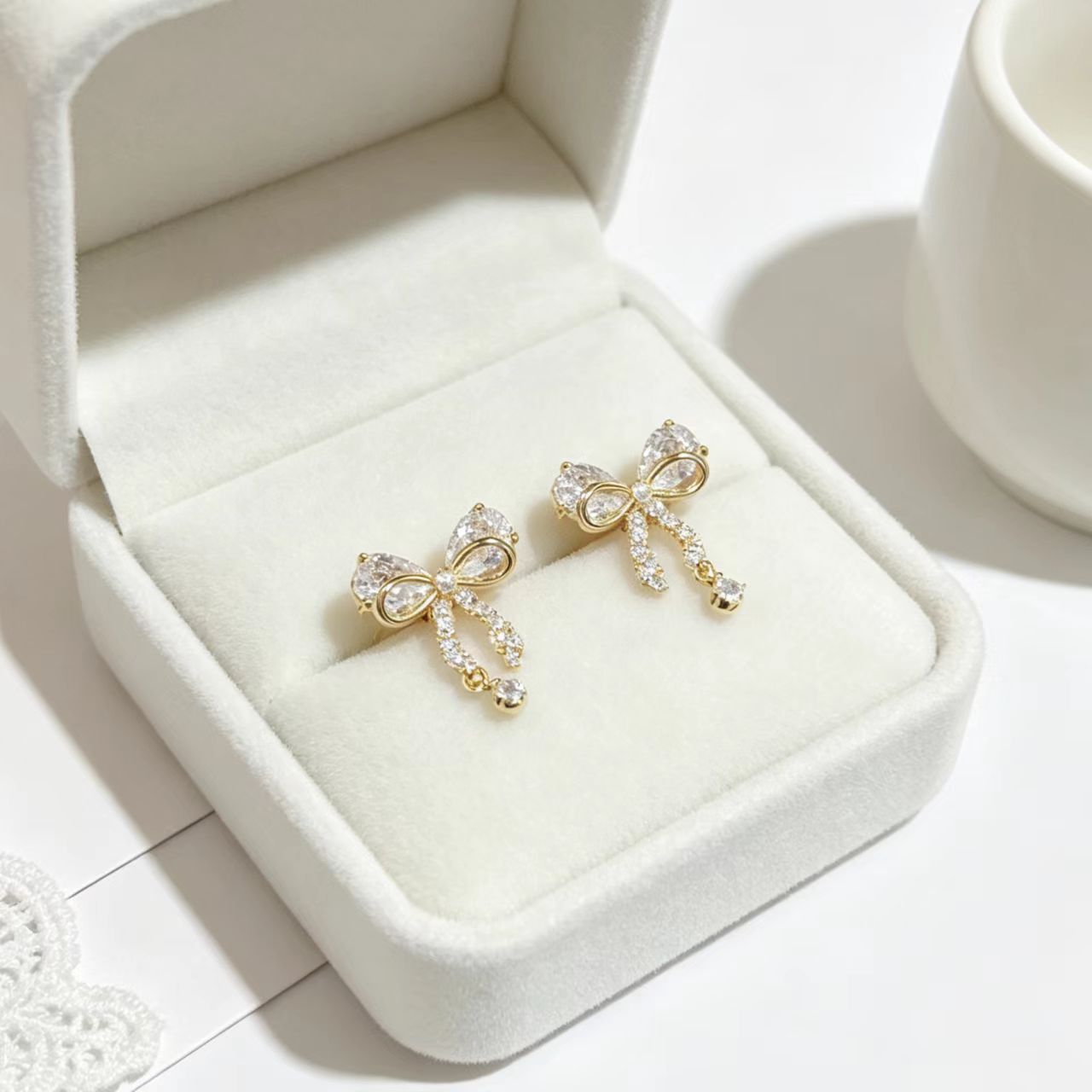 New Style Bow Tie Stud Earrings For Women With Copper, Real Gold Plated Finish, Zircon Inlay, 925 Sterling Silver Posts