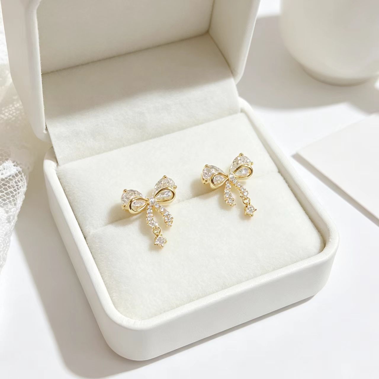 New Style Bow Tie Stud Earrings For Women With Copper, Real Gold Plated Finish, Zircon Inlay, 925 Sterling Silver Posts