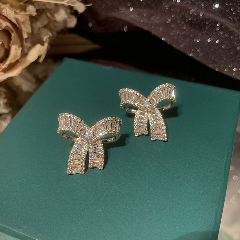 Sweet Style Gold Bow Tie Earrings For Women In Copper With Rhinestones Inlay