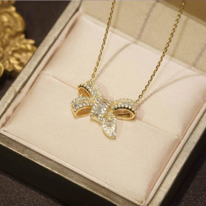 Sweet Style Gold Bow Tie Earrings For Women In Copper With Rhinestones Inlay