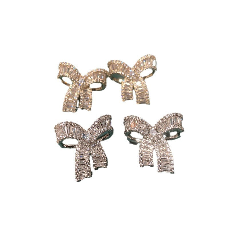 Sweet Style Gold Bow Tie Earrings For Women In Copper With Rhinestones Inlay