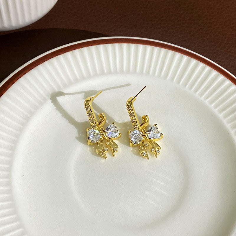 Bow Tie Earrings For Women With Copper Ear Pins Featuring Real Gold Plated Electroplated Finish And Zircon Inlay