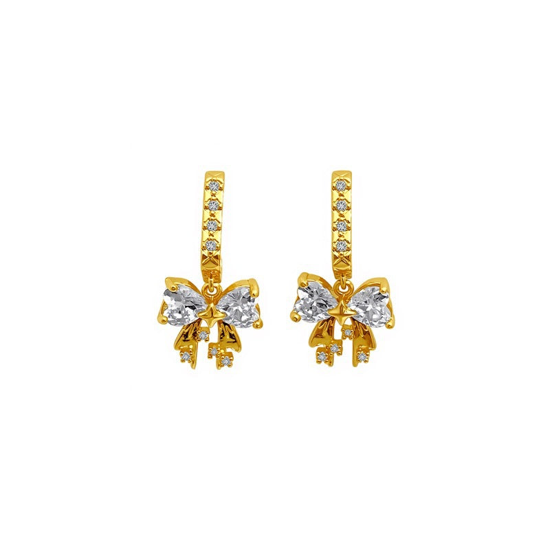 Bow Tie Earrings For Women With Copper Ear Pins Featuring Real Gold Plated Electroplated Finish And Zircon Inlay