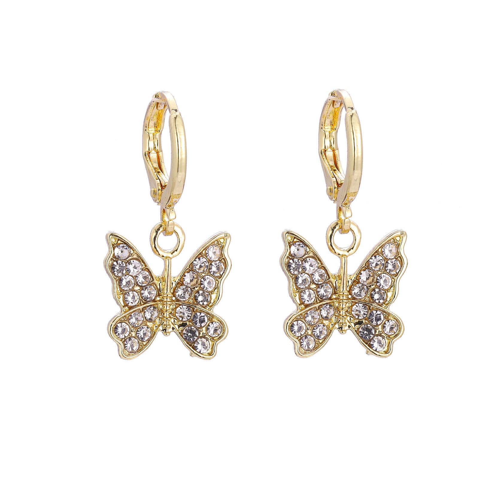 Butterfly Drop Earrings For Women In Gold Alloy Featuring Rhinestones With Copper Ear Pins