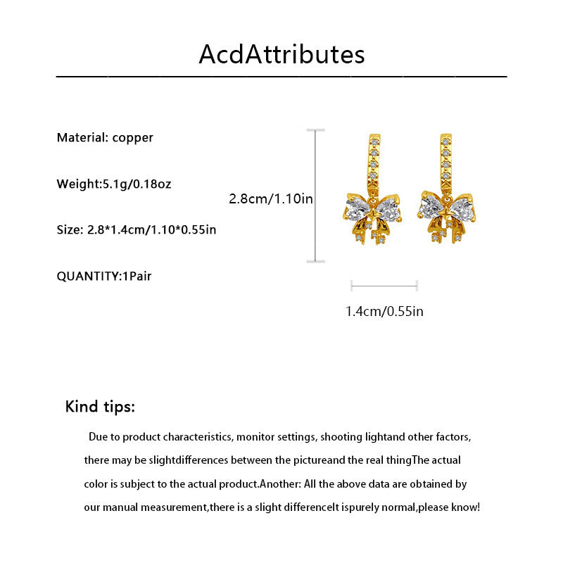 Bow Tie Earrings For Women With Copper Ear Pins Featuring Real Gold Plated Electroplated Finish And Zircon Inlay