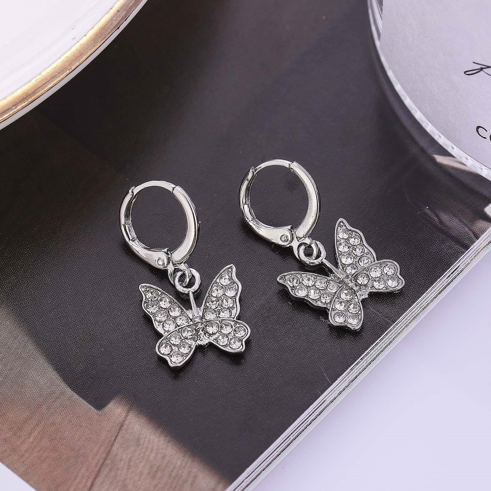 Butterfly Drop Earrings For Women In Gold Alloy Featuring Rhinestones With Copper Ear Pins