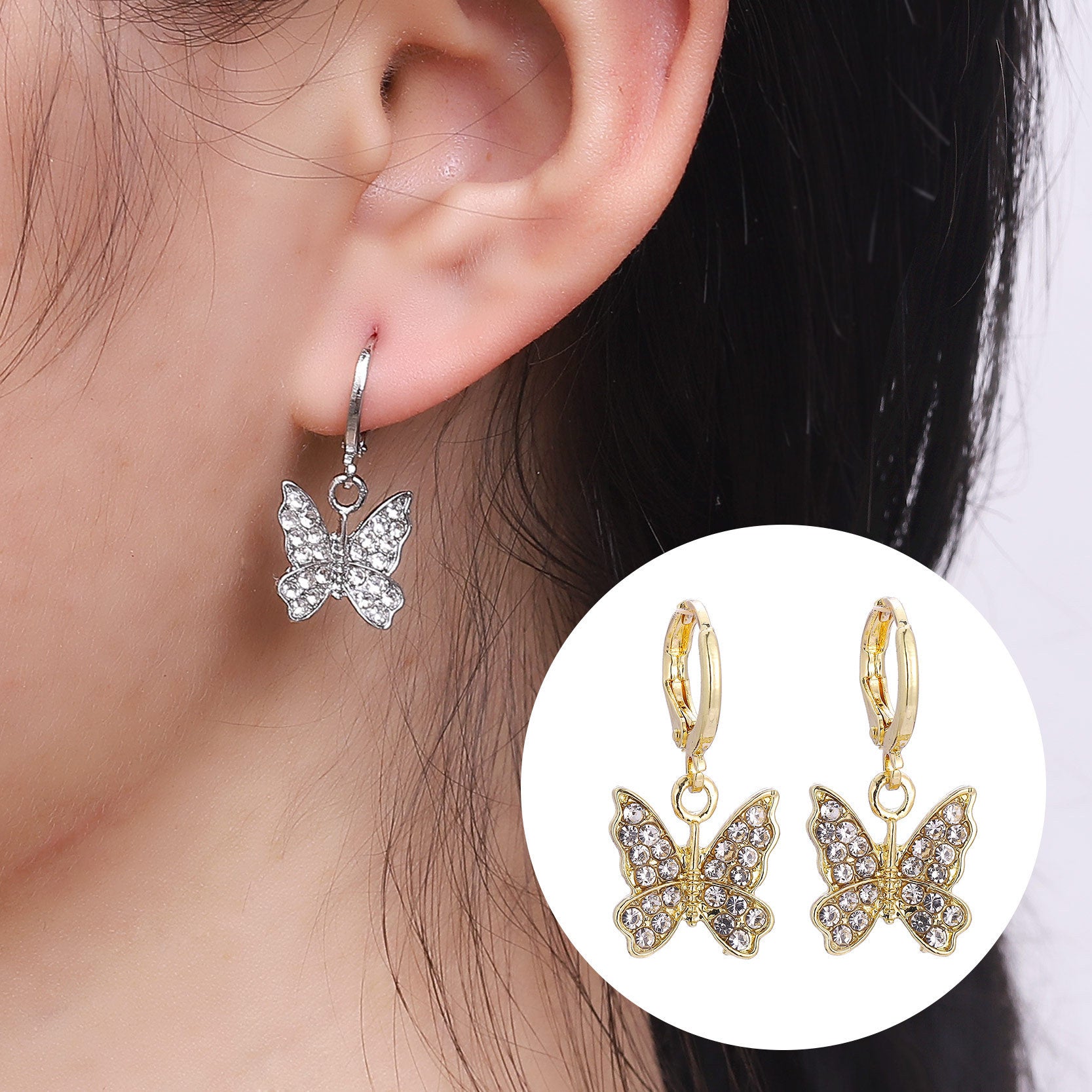 Butterfly Drop Earrings For Women In Gold Alloy Featuring Rhinestones With Copper Ear Pins