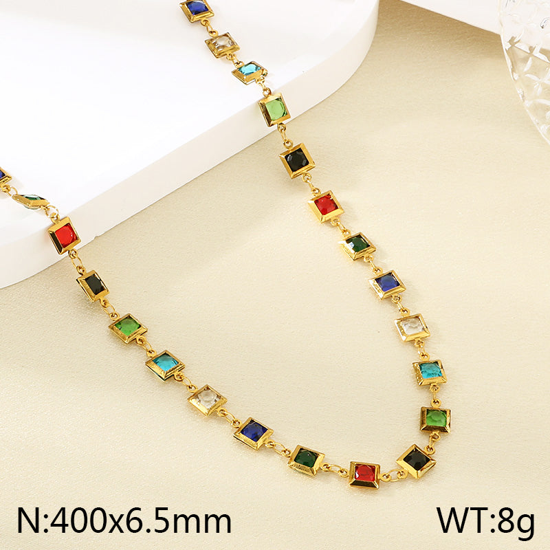 Geometric Electroplated Necklace For Women In 304 Stainless Steel With 18K Real Gold PVD Coating And Glass Inlay