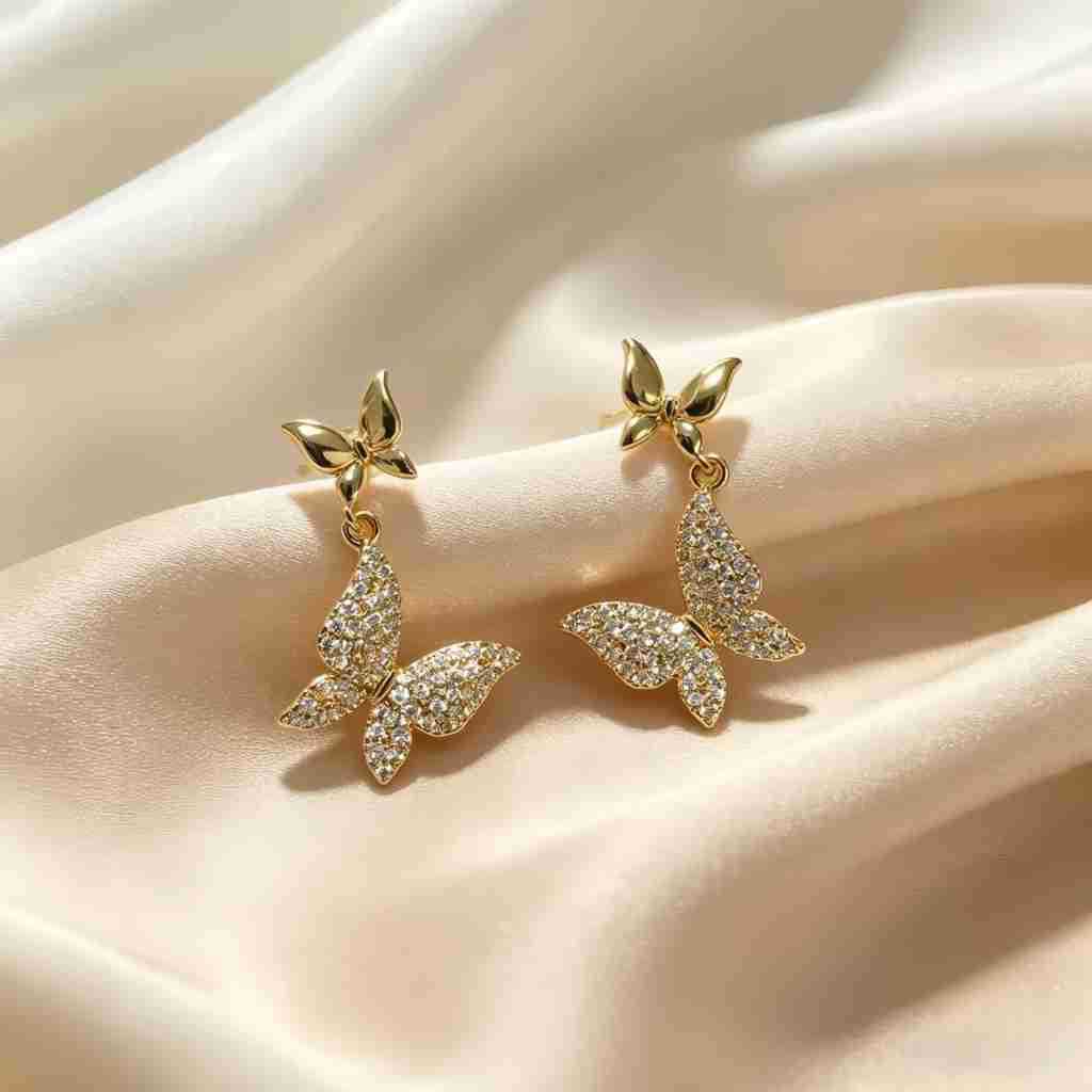 Gold Butterfly Drop Earrings For Women Featuring Copper Ear Pins And Zircon Inlay