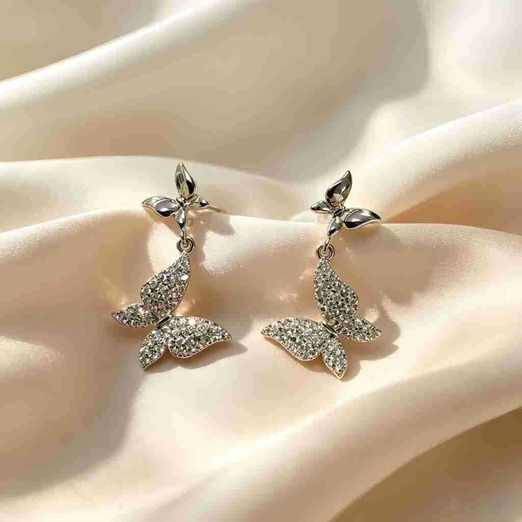 Gold Butterfly Drop Earrings For Women Featuring Copper Ear Pins And Zircon Inlay