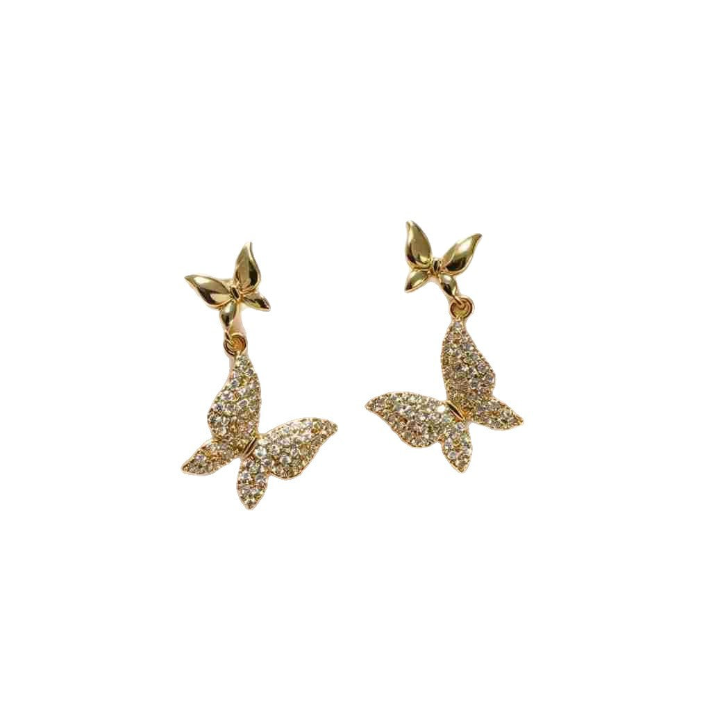 Gold Butterfly Drop Earrings For Women Featuring Copper Ear Pins And Zircon Inlay