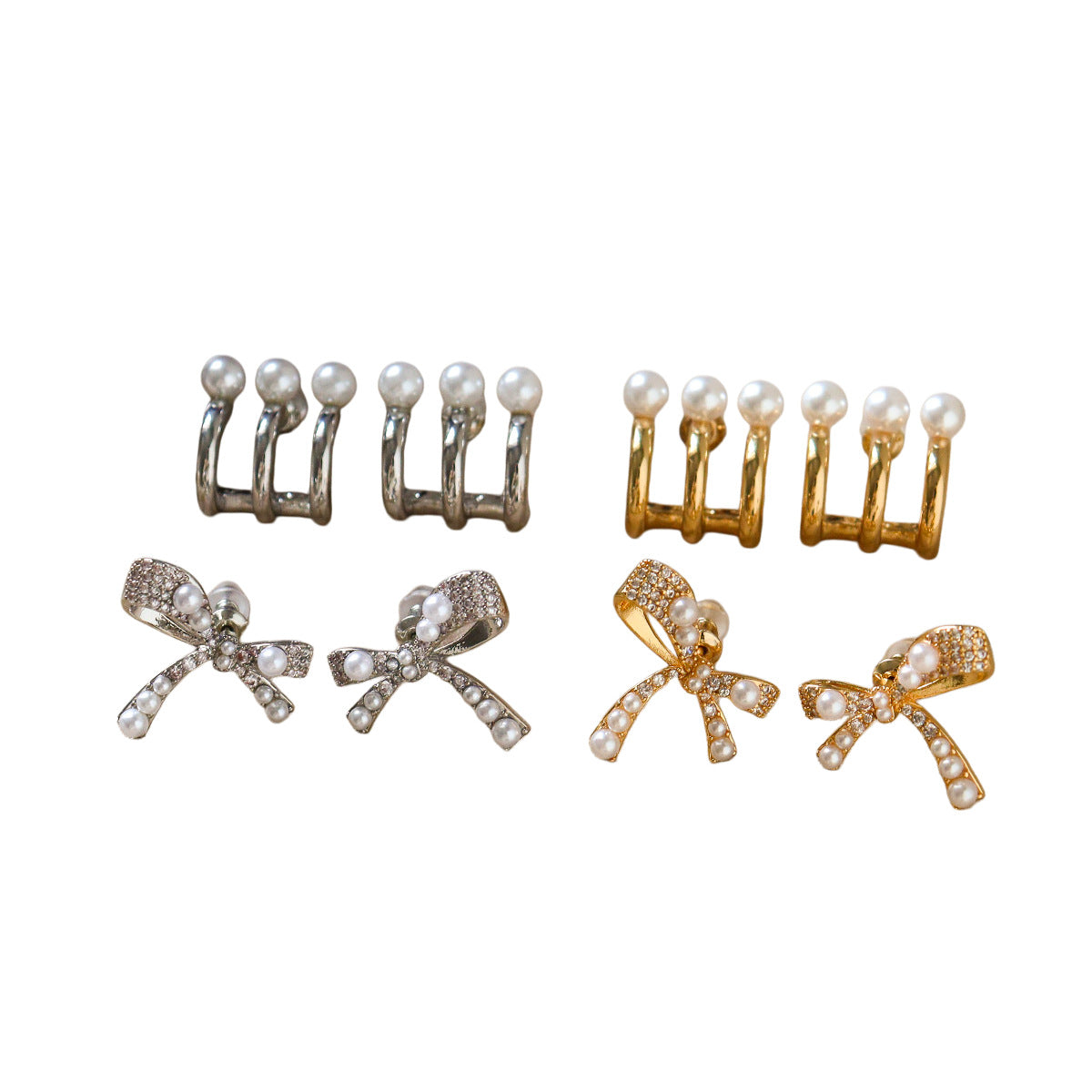 Gold Bow Tie Earrings For Women Featuring Copper With 925 Sterling Silver Ear Pins And Artificial Pearl Inlay