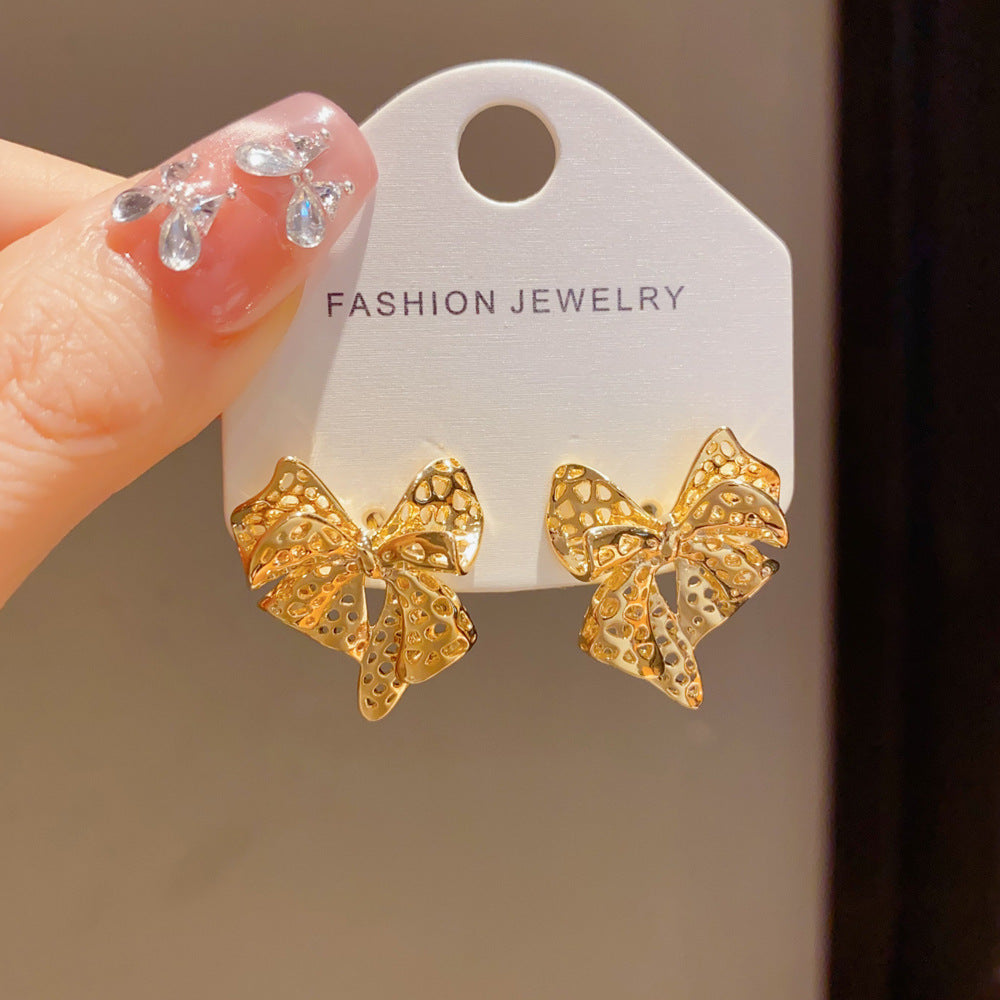 Real Gold Plated Copper Bow Tie Earrings For Women In Retro Style