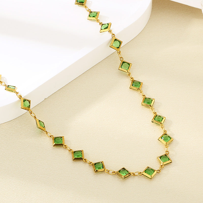 Geometric Electroplated Necklace For Women In 304 Stainless Steel With 18K Real Gold PVD Coating And Glass Inlay