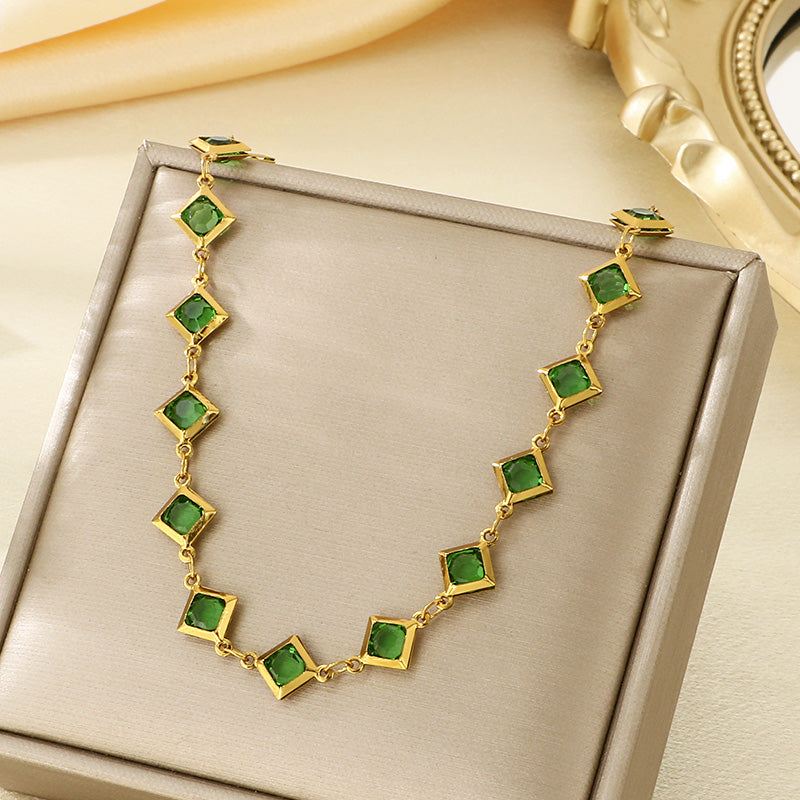 Geometric Electroplated Necklace For Women In 304 Stainless Steel With 18K Real Gold PVD Coating And Glass Inlay
