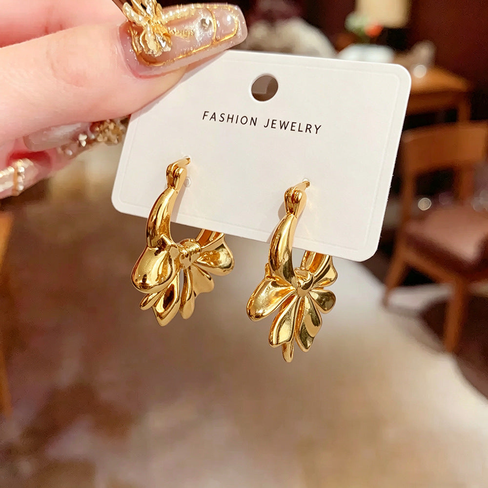 Gold Bow Tie Earrings For Women Featuring Electroplated Finish With Copper Alloy Copper Posts