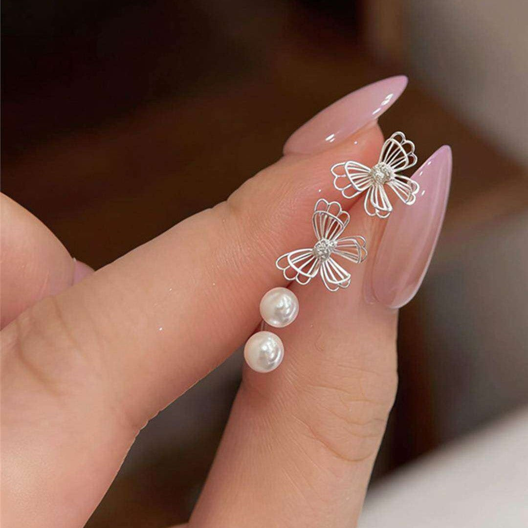 Bow Tie Stud Earrings For Women In Silver Alloy With Copper Ear Pins, 4 Pieces Set