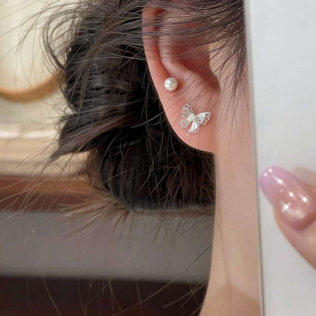 Bow Tie Stud Earrings For Women In Silver Alloy With Copper Ear Pins, 4 Pieces Set