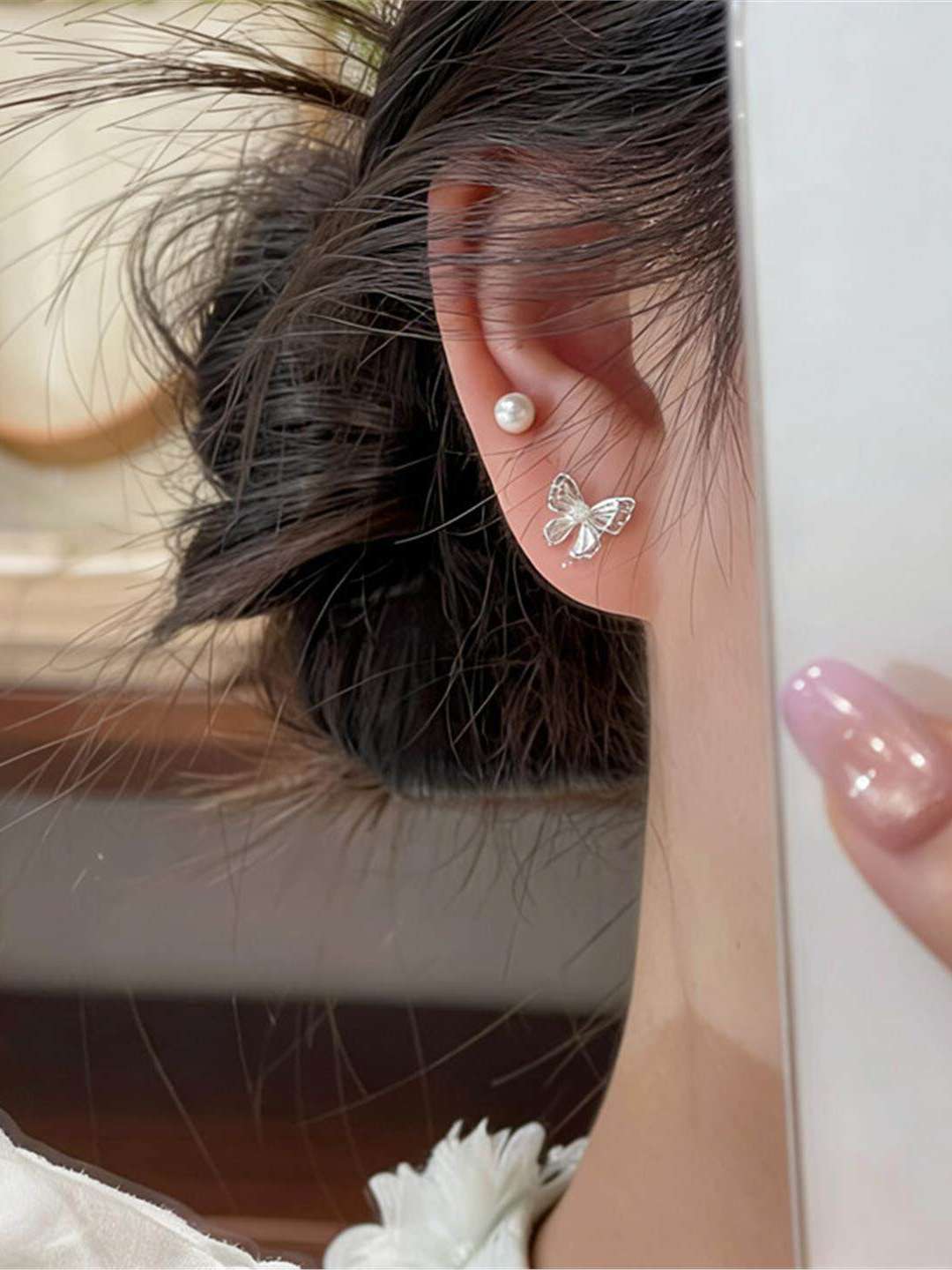 Bow Tie Stud Earrings For Women In Silver Alloy With Copper Ear Pins, 4 Pieces Set