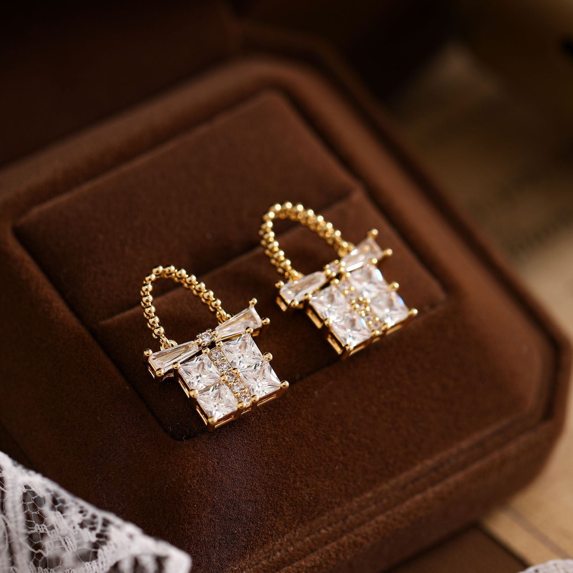 Gold Bow Tie Earrings For Women In Copper With Zircon Inlay