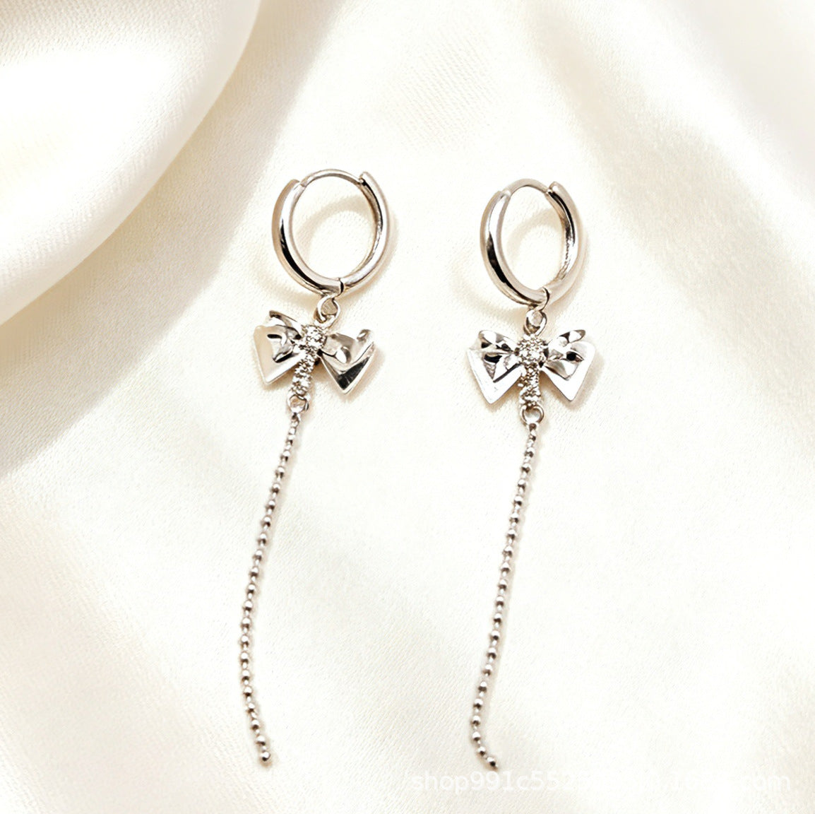 Bow Tie Tassel Drop Earrings For Women In Silver With Rhinestones, Copper Ear Pins, 1 Pair