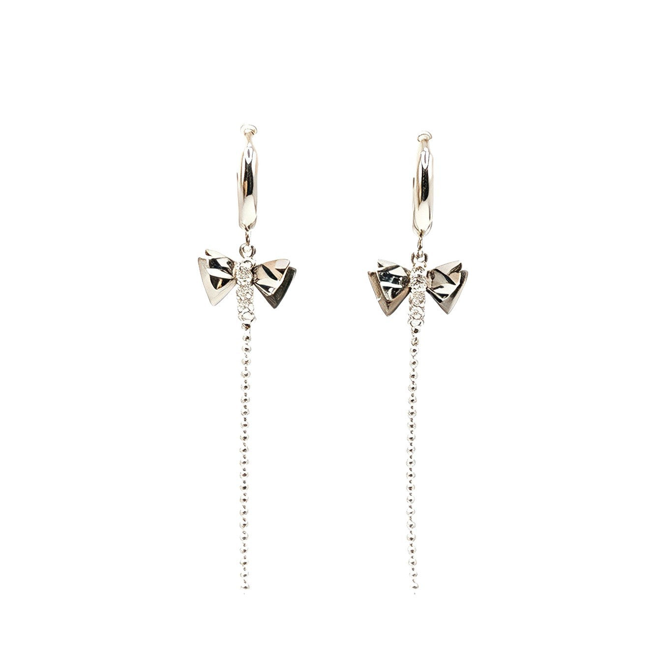 Bow Tie Tassel Drop Earrings For Women In Silver With Rhinestones, Copper Ear Pins, 1 Pair