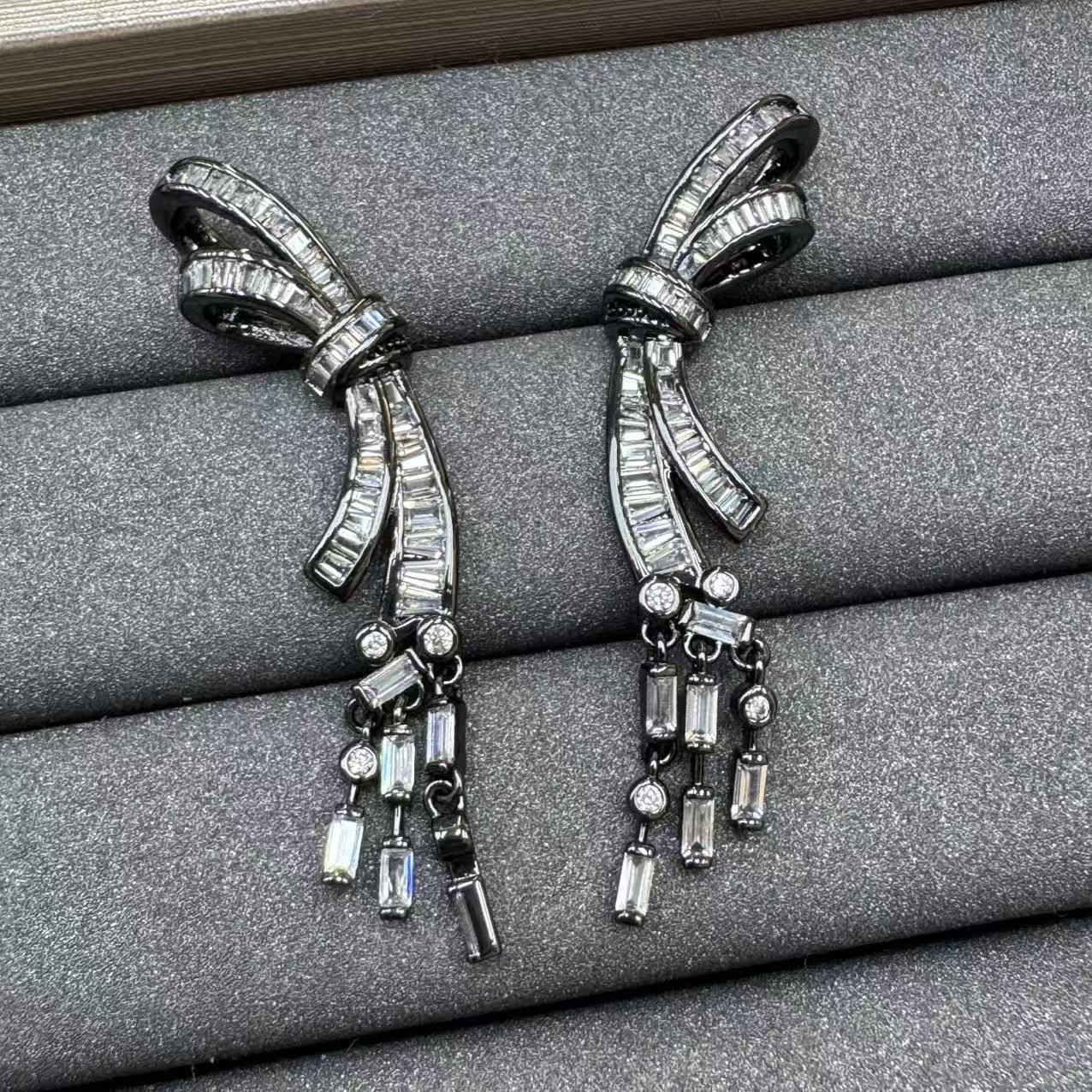 Bow Tie Earrings For Women Featuring Dyed Black Copper With Zircon Inlay And 925 Sterling Silver Ear Pins