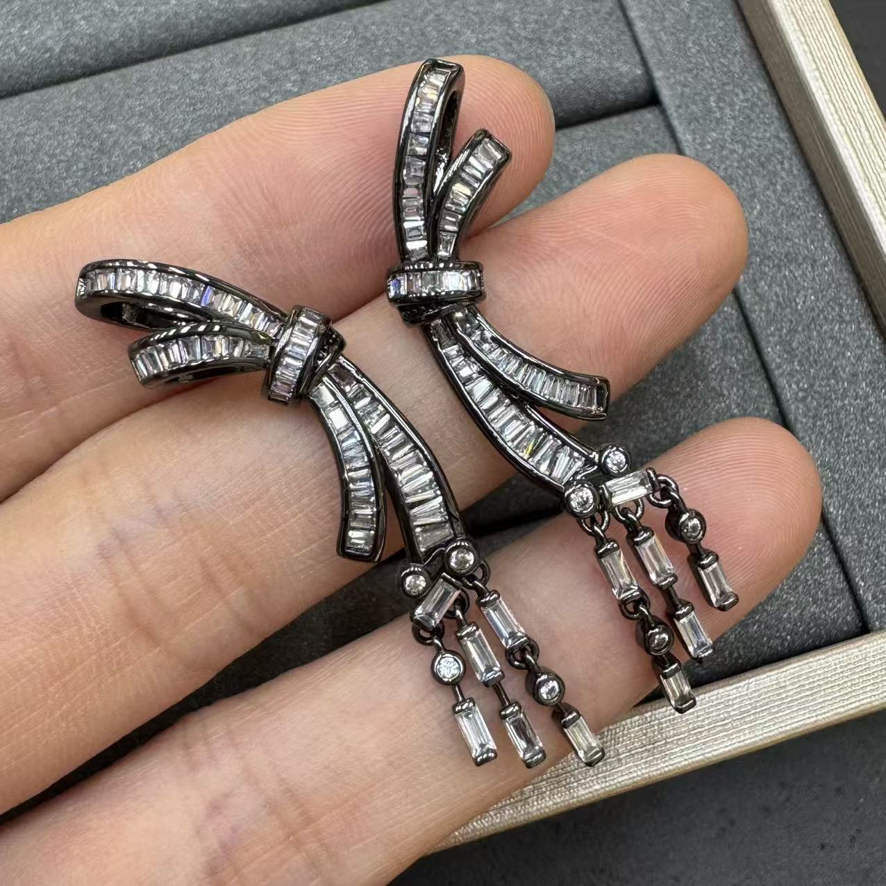 Bow Tie Earrings For Women Featuring Dyed Black Copper With Zircon Inlay And 925 Sterling Silver Ear Pins
