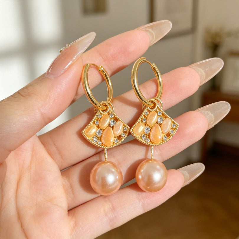Heart Shape Tassel Earrings For Women With Copper Studs, Electroplated Alloy And Artificial Pearl Inlay